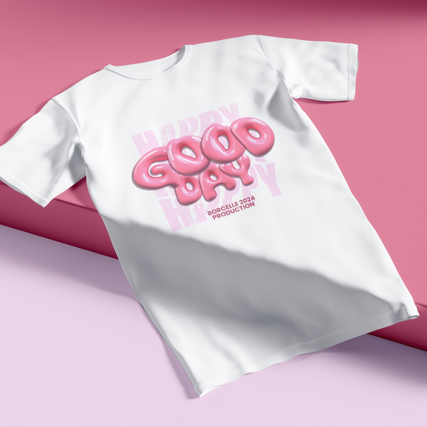 Unique 3d World Good Day In Pink Colour Withe T-Shirt