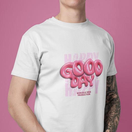 Unique 3d World Good Day In Pink Colour Withe T-Shirt